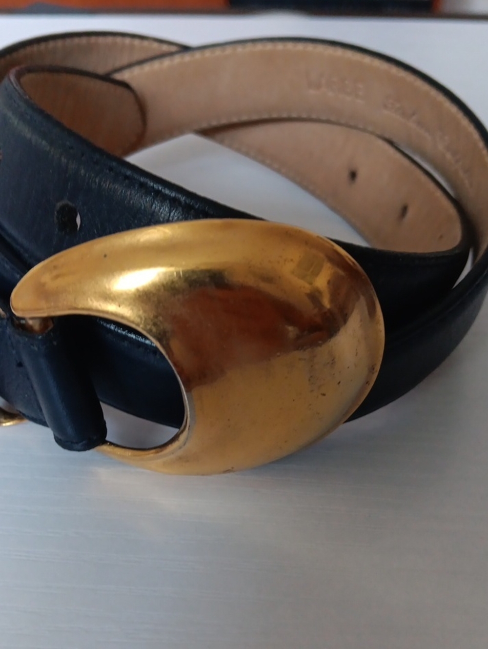 Vintage Robert Lee Morris Navy Leather Belt with Sculptural Gold Vermel Buckle.